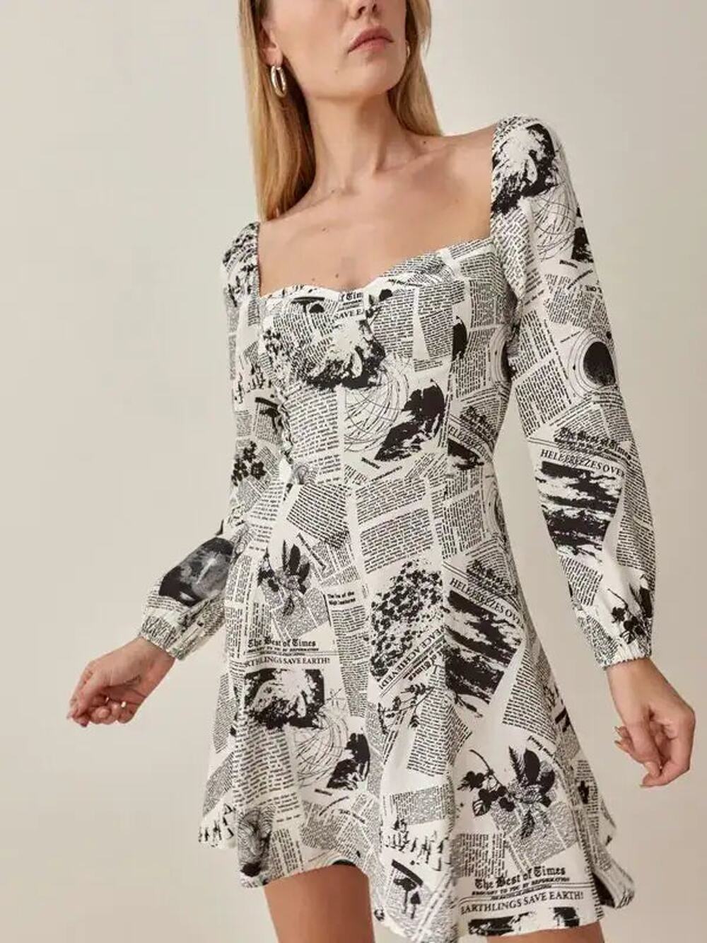 Reformation Mochi Climate Newsprint Mini Dress White Black Women's Size 4